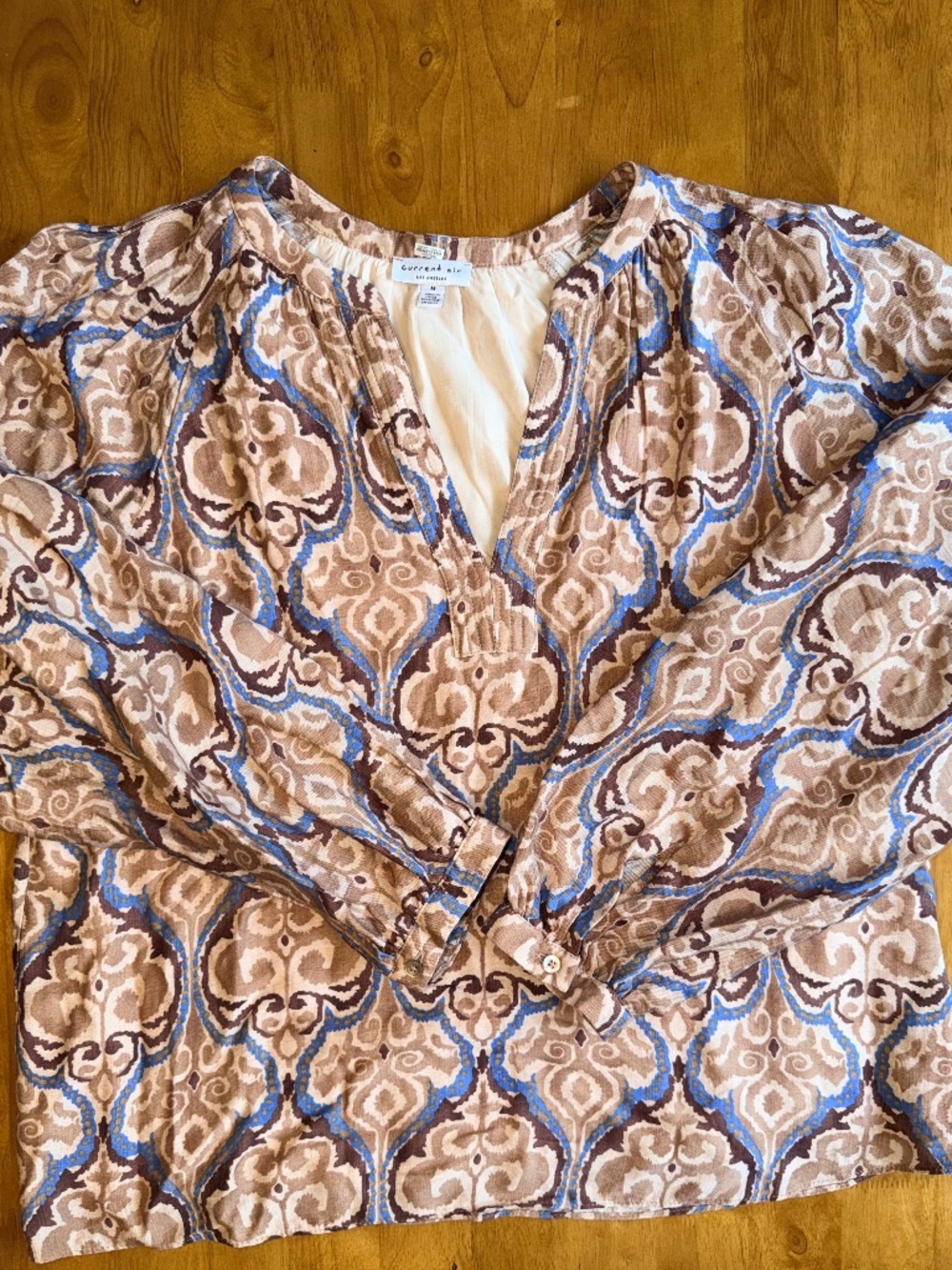 Current Air Los Angeles Ikat Damask Print Blouse Tan Blue Brown Size M 2330141-4